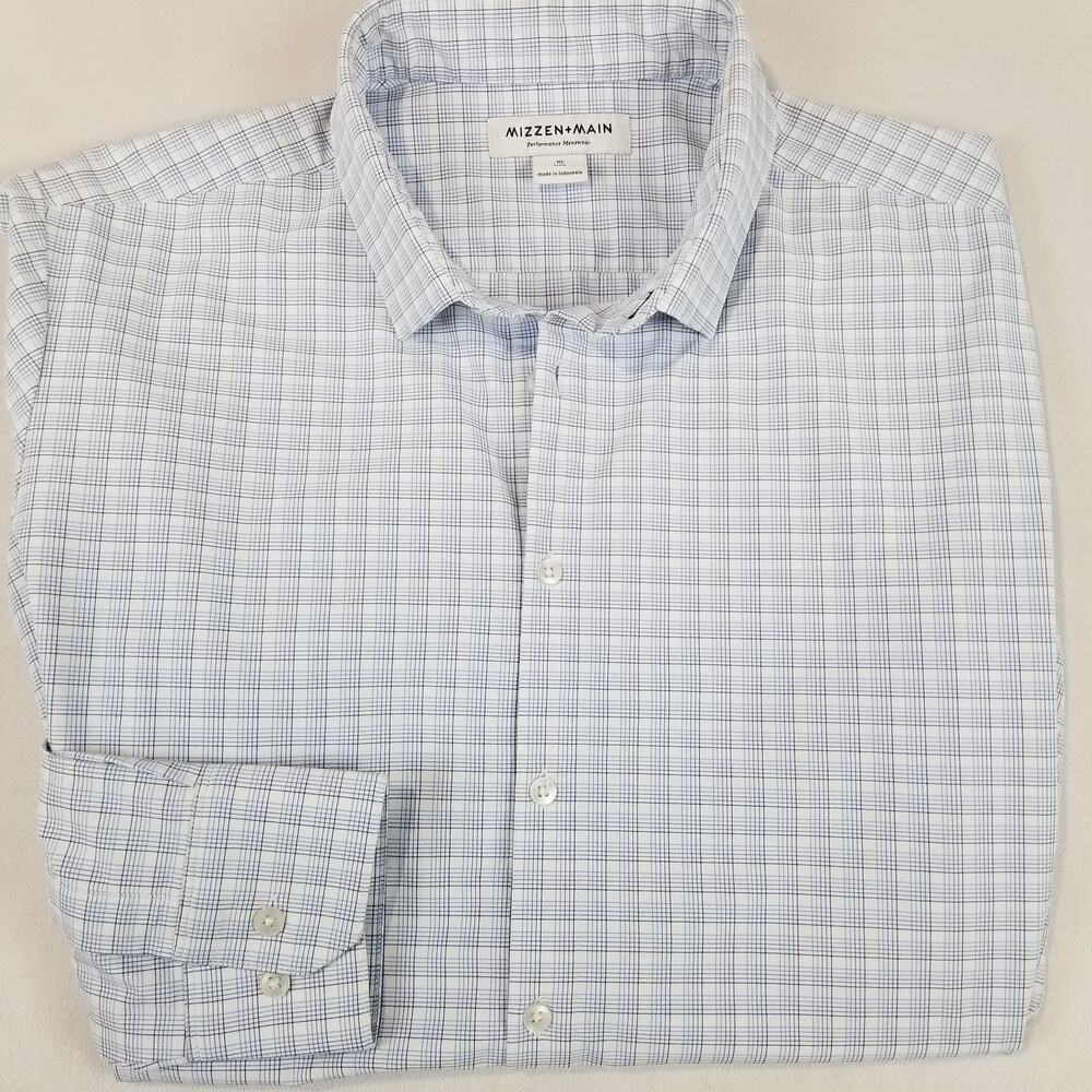 Mizzen+Main Leeward Shirt Mens XL Blue Check Trim Fit Stretch Dress Long Sleeve